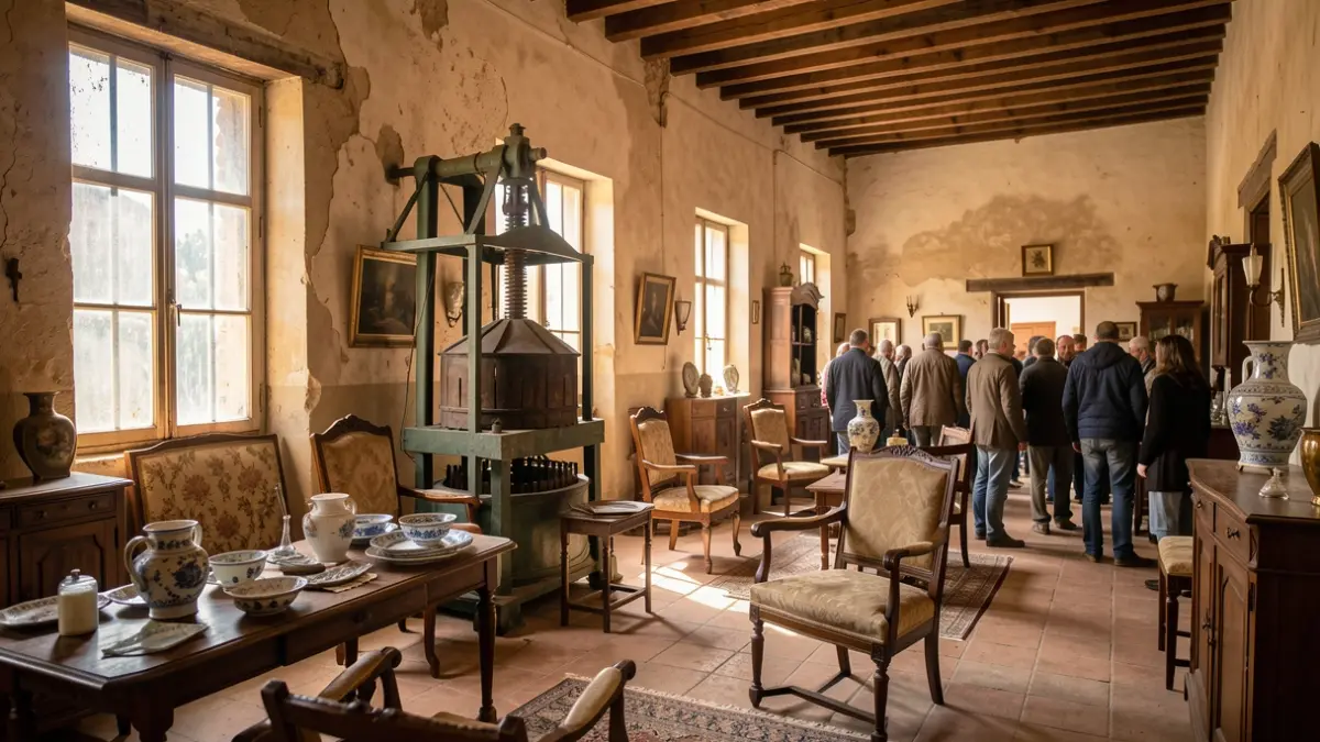 Interior of an old house in Umbrete with an olive oil press and antique furniture for sale.