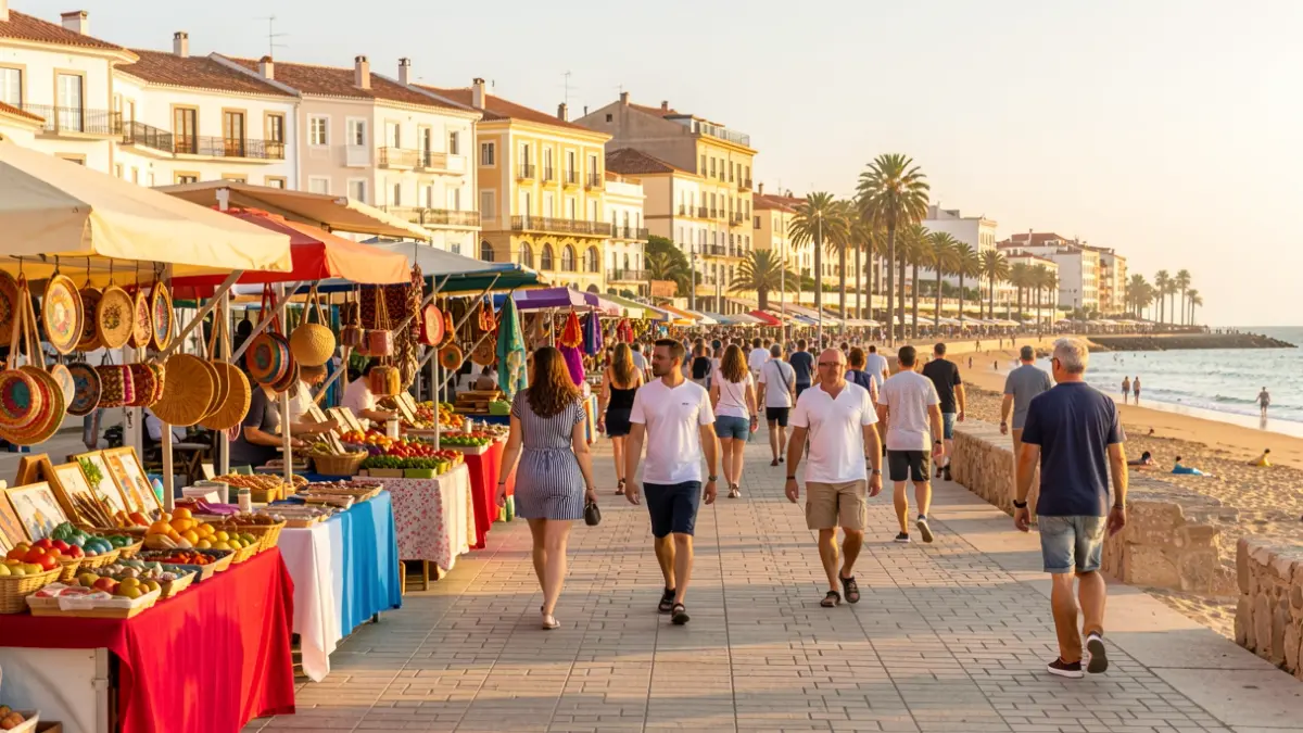 Generic image of a summer market on a Huelva beach with craft stalls and a vacation atmosphere.