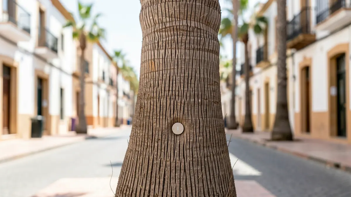 Chip de rastreo instalado en el tronco de una palmera en Sevilla.