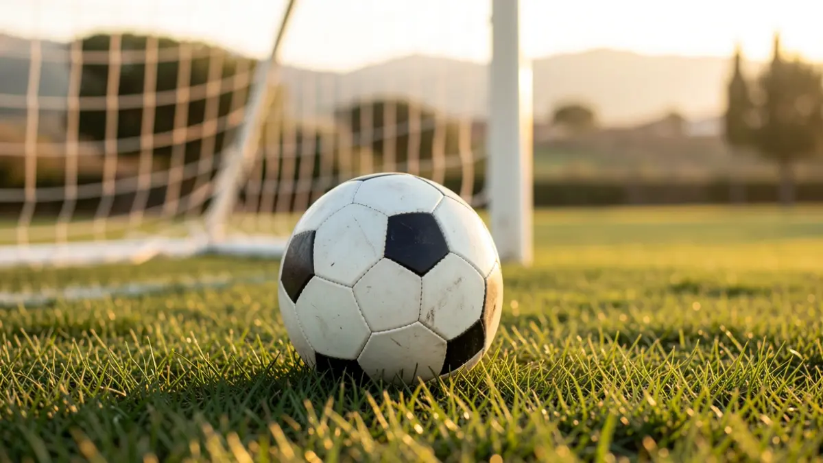 Imagen genérica de un balón de fútbol sobre césped con una portería desenfocada.