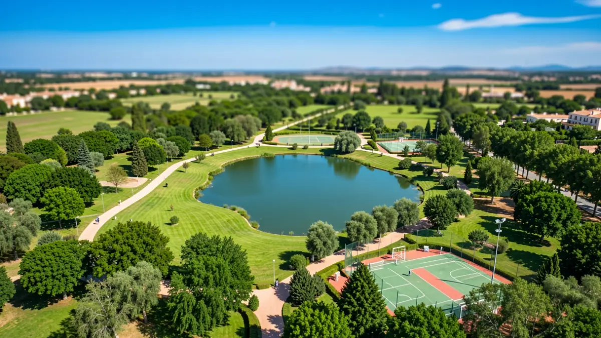Vista aérea del Gran Parque de Mijas, una extensa zona verde con lago y equipamientos.