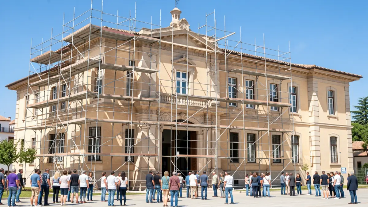 Facade of a public school in Mijas undergoing expansion work.