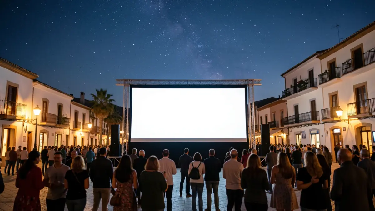 Pantalla de cine de verano al aire libre en una plaza de Mijas al atardecer.