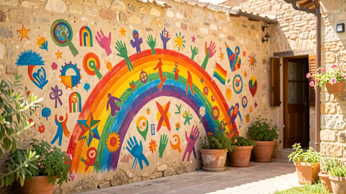 Imagen de un mural colorido y abstracto que simboliza la diversidad y la inclusión, pintado en un patio.