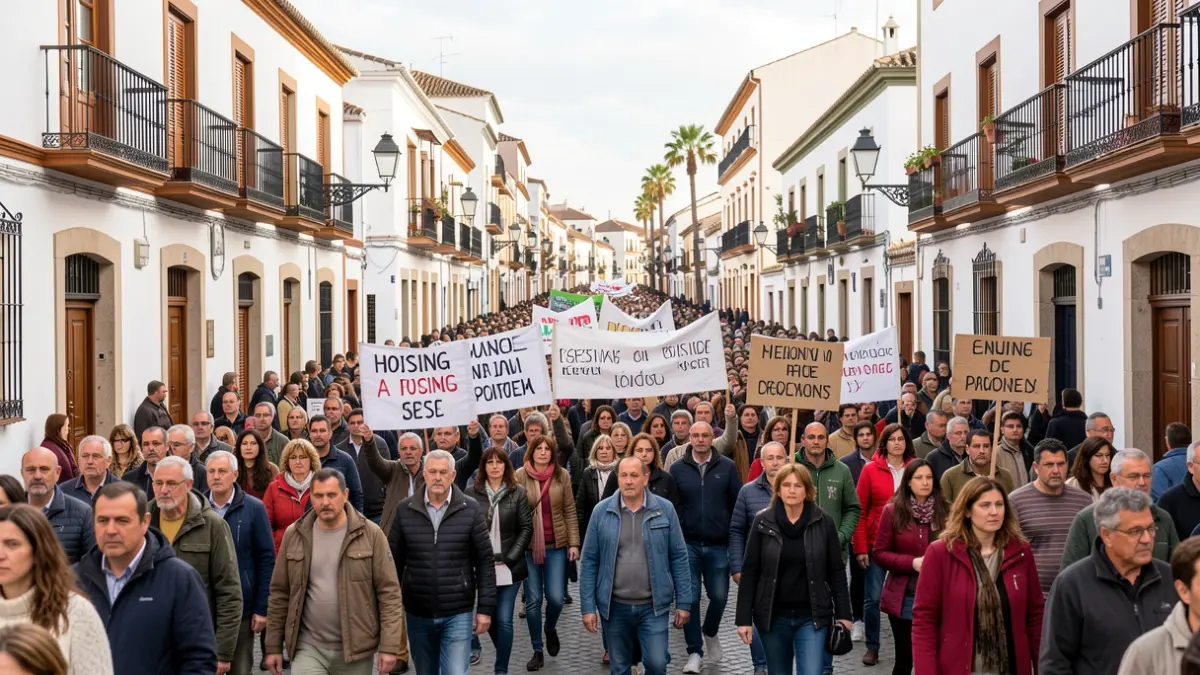 Image of a massive protest in Malaga against high housing prices, with citizens carrying banners.