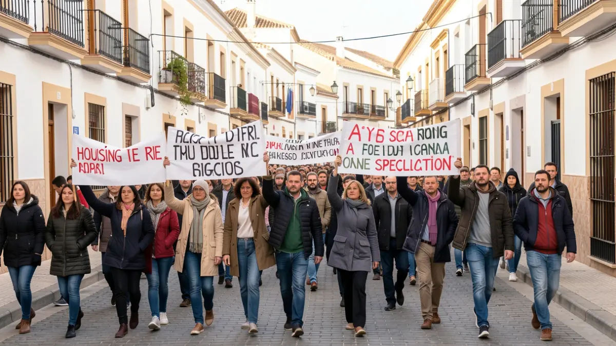 Manifestación por el derecho a la vivienda en Málaga con pancartas contra la especulación.
