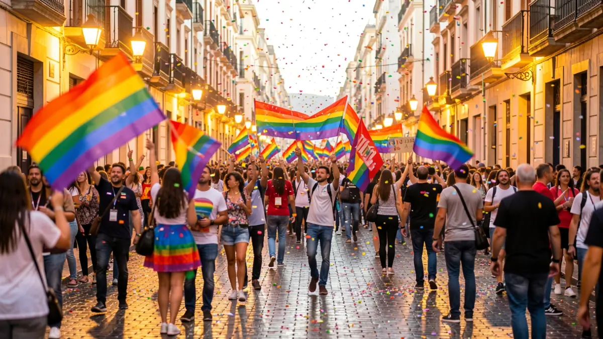 Imagen de la manifestación del Orgullo Lgtbiq+ en Sevilla, con gente, banderas arcoíris y confeti.