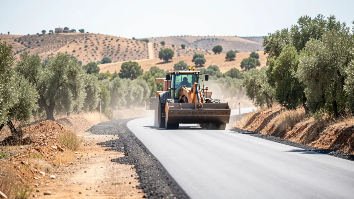 Imagen de obras de mejora en una carretera rural de Andalucía.