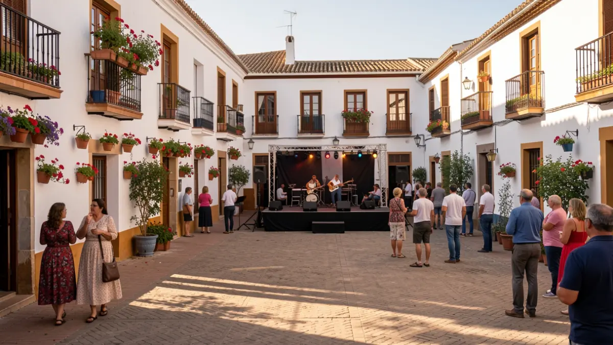 Andalusian town square with a stage set up for a performance.