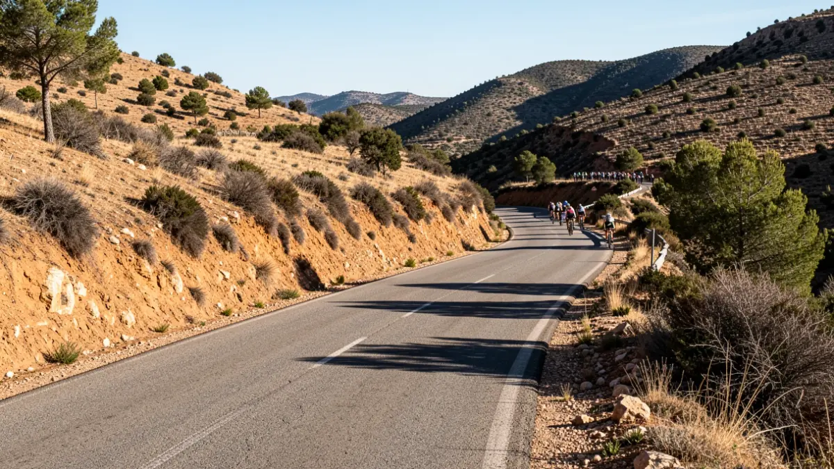 Imagen genérica de una carretera de montaña en Andalucía con luz solar intensa y paisaje seco.