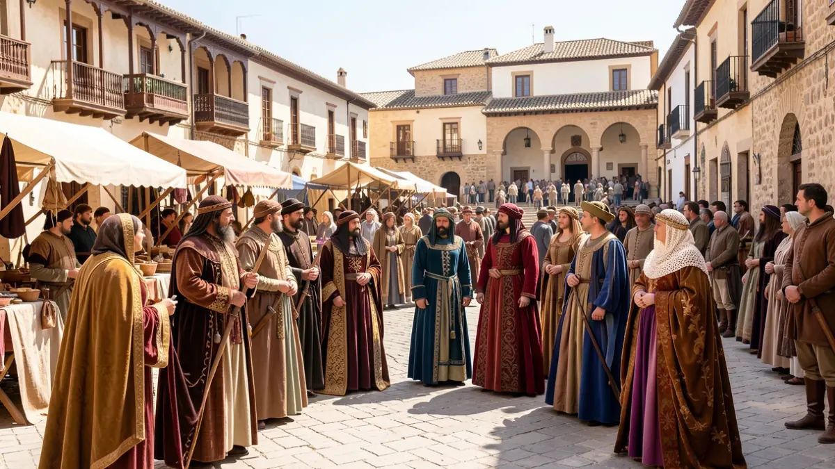 Generic image of the Moors and Christians festival in Mojácar, featuring participants and a medieval market.