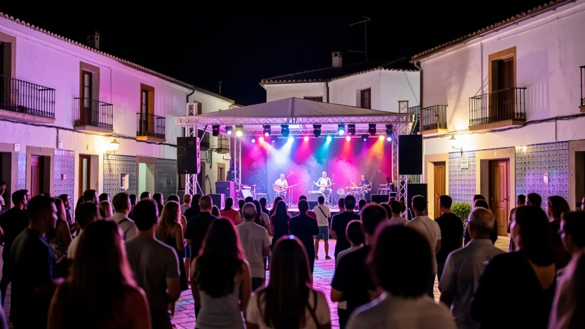 Generic image of a festival stage with night lights and a crowd.