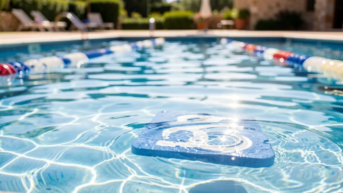 Marcador de carril de piscina con agua azul y reflejos del sol.