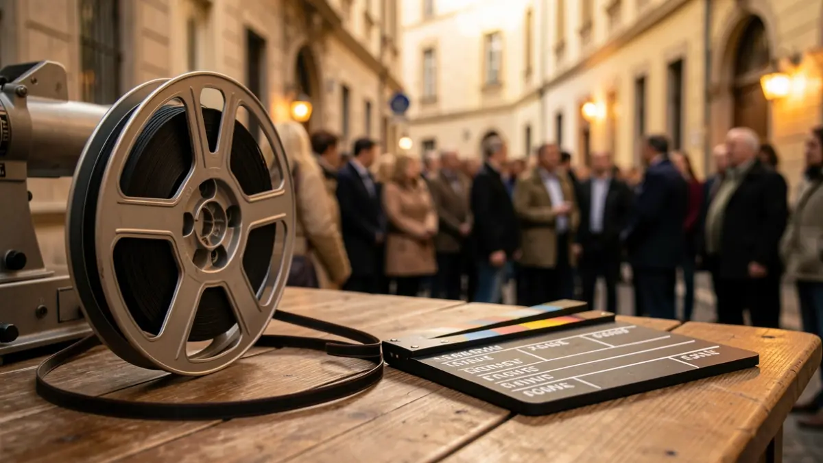 Imagen genérica de equipo de filmación, incluyendo un carrete de película y una claqueta.