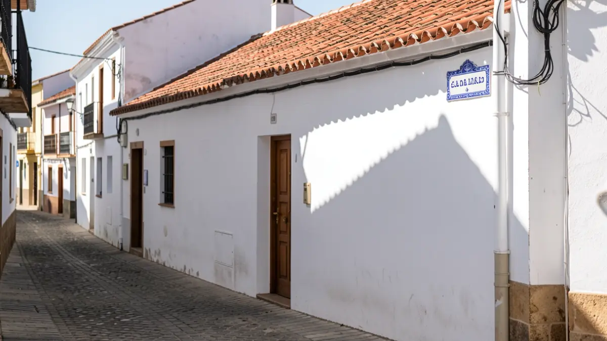 Fachada tradicional de un edificio en el casco antiguo de Monachil con rótulos cerámicos.