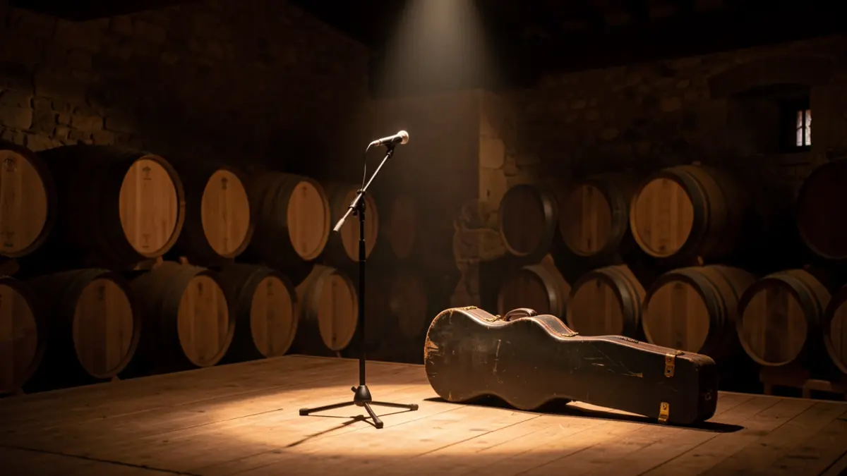 Escenario de concierto en una bodega histórica con barricas de vino y un micrófono vacío.
