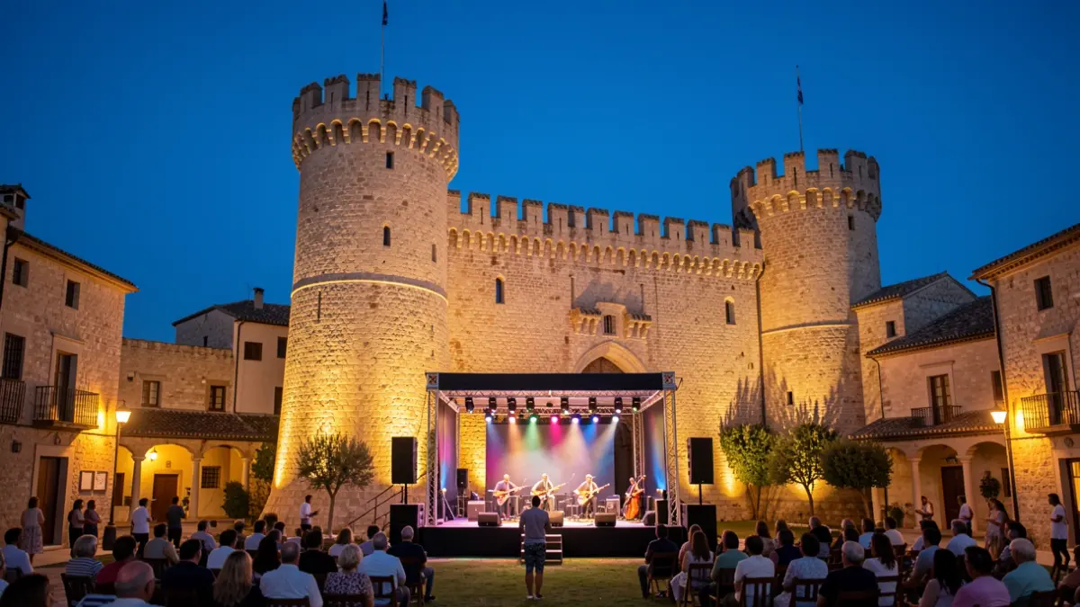 Imagen del castillo de Morón de la Frontera iluminado por la noche con un escenario para conciertos.