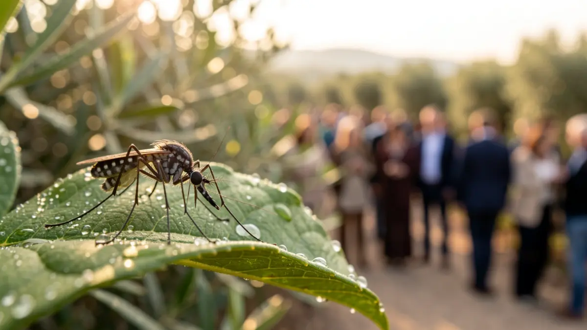 Primer plano de un mosquito sobre una hoja con gotas de rocío, vegetación mediterránea al fondo, luz solar cálida.