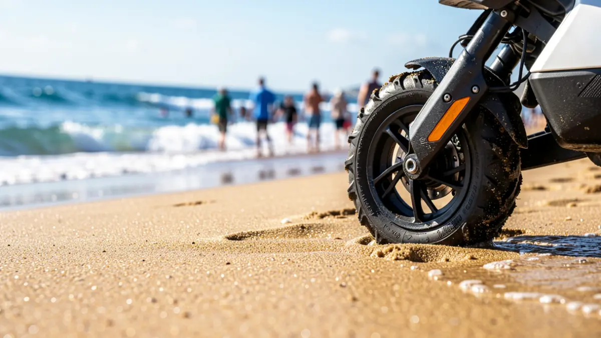 Imagen genérica de una moto de agua en la arena con el mar al fondo.