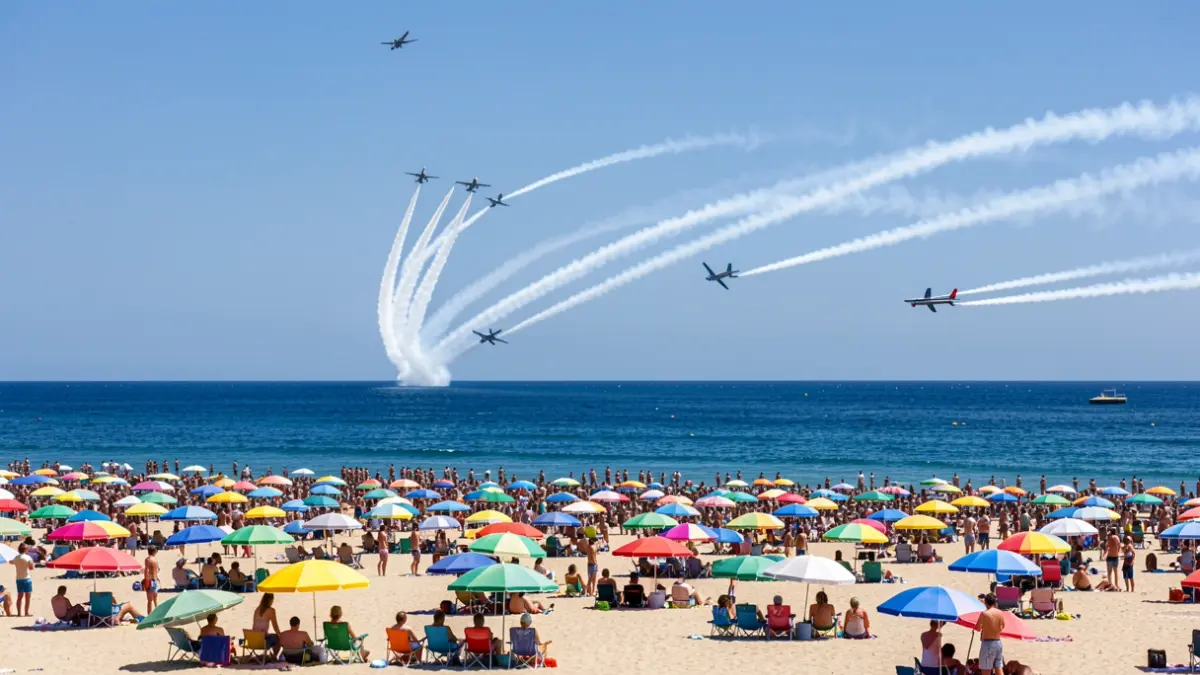 Massive celebration of the XX Air Festival on Poniente Beach in Motril, with aerial displays over the Mediterranean Sea.