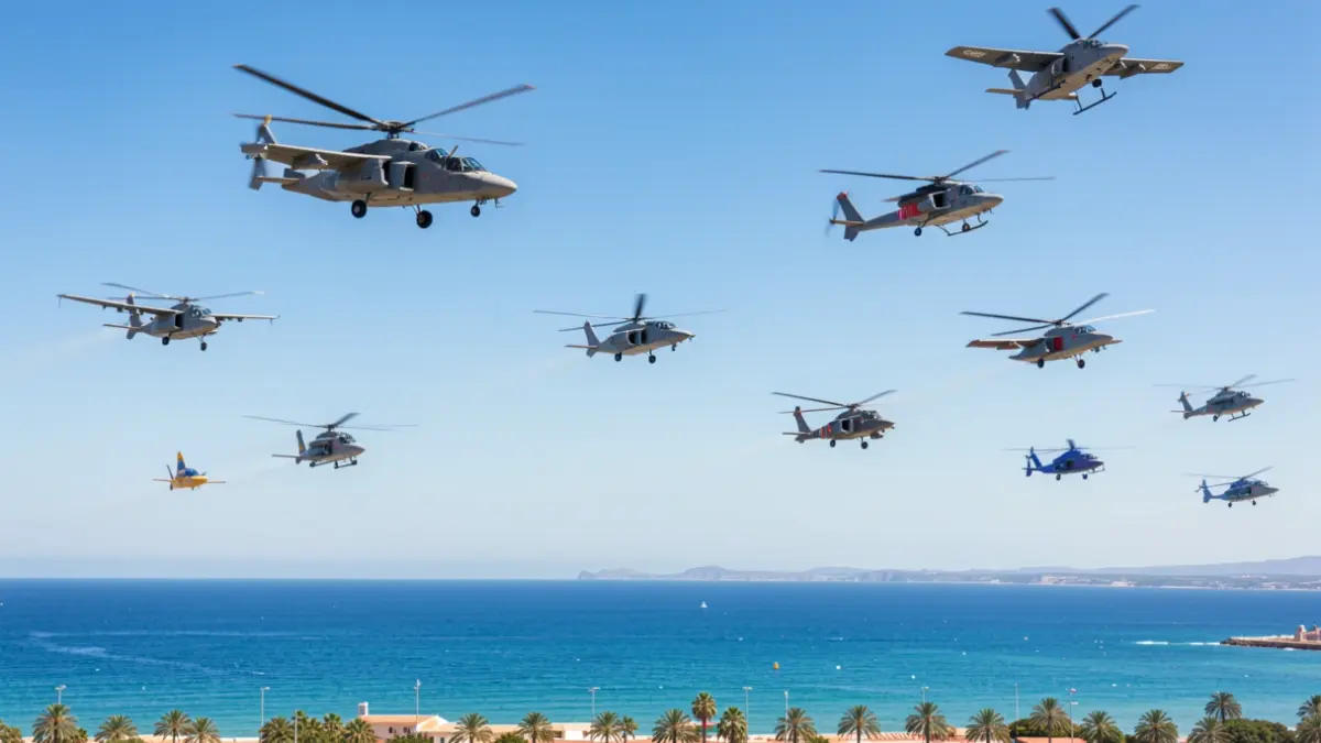 Imagen genérica de un festival aéreo sobre la costa de Motril con aviones y helicópteros.