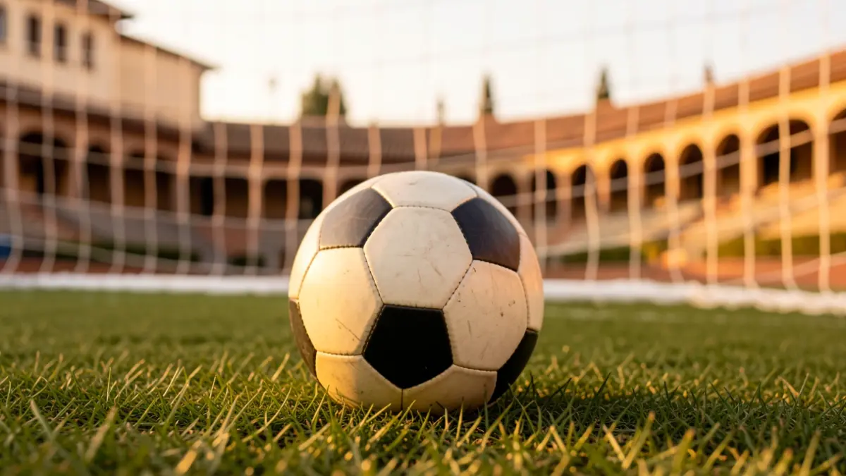 Generic image of a soccer ball on grass with the goal net blurred.