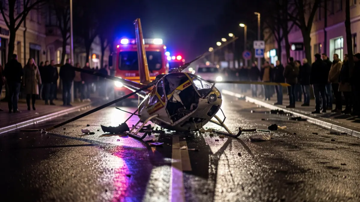 Imagen genérica de un accidente de helicóptero con luces de emergencia y escombros borrosos.