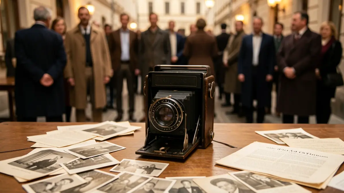 Old camera on a table with old photographs and documents.