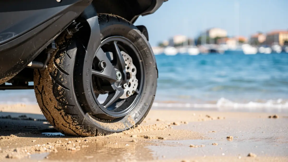 Primer plano de la rueda de una moto acuática sobre arena mojada, con el mar azul y un puerto a lo lejos.