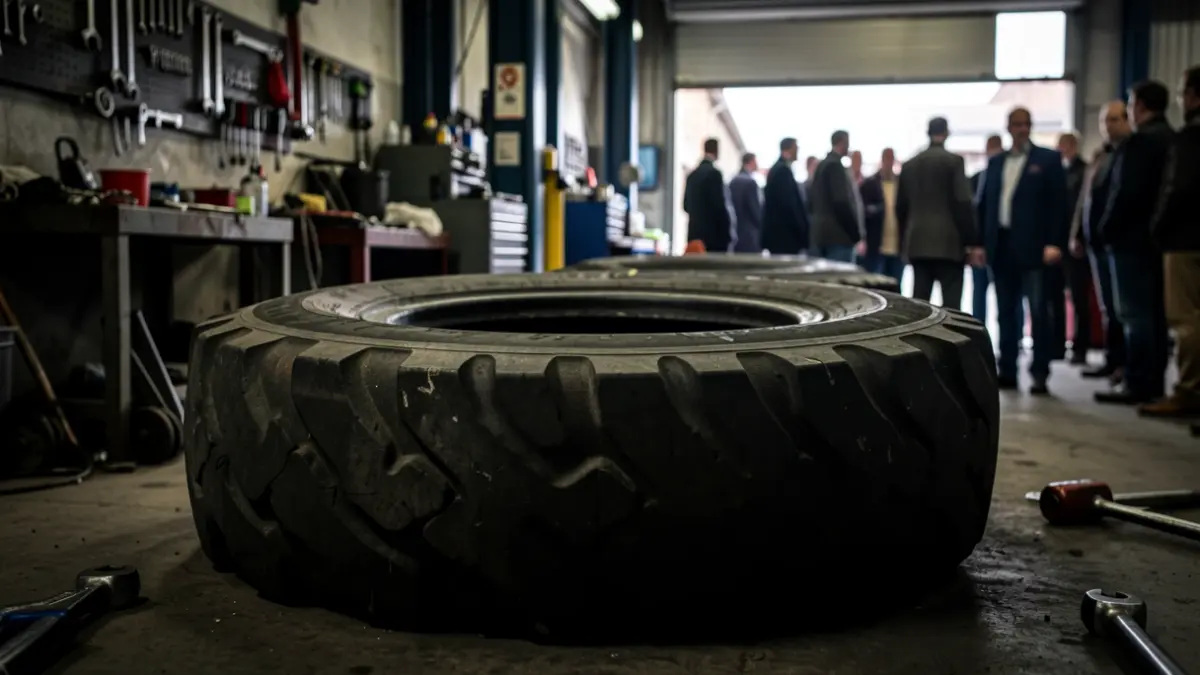 Generic image of a truck tire in a mechanic workshop.