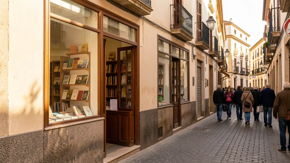 Facade of a traditional Andalusian bookstore on a cobblestone street.