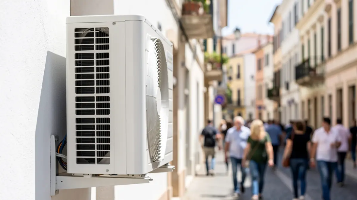 Exterior unit of an air conditioner on the facade of a building in an Andalusian city.