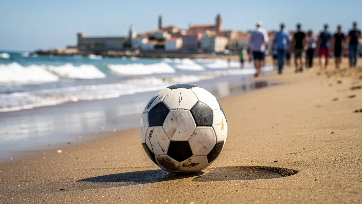 Pelota de playa sobre arena mojada con el mar de Cádiz al fondo.