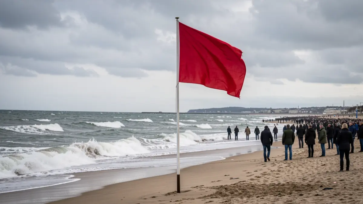 Bandera roja ondeando en una playa con oleaje peligroso.