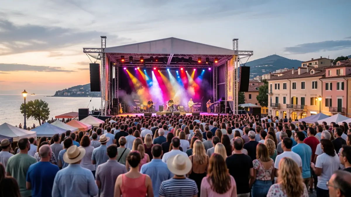 Imagen genérica de un festival de música al aire libre en una ciudad costera al atardecer.
