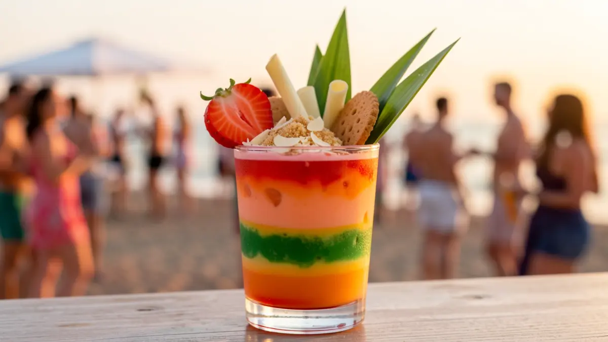 Two-layered colorful cocktail 'Miami Vice' garnished with fruit and cookie.