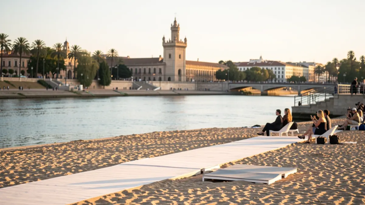 Pasarela de moda de baño improvisada a orillas del río Guadalquivir en Sevilla, con la Torre del Oro de fondo.
