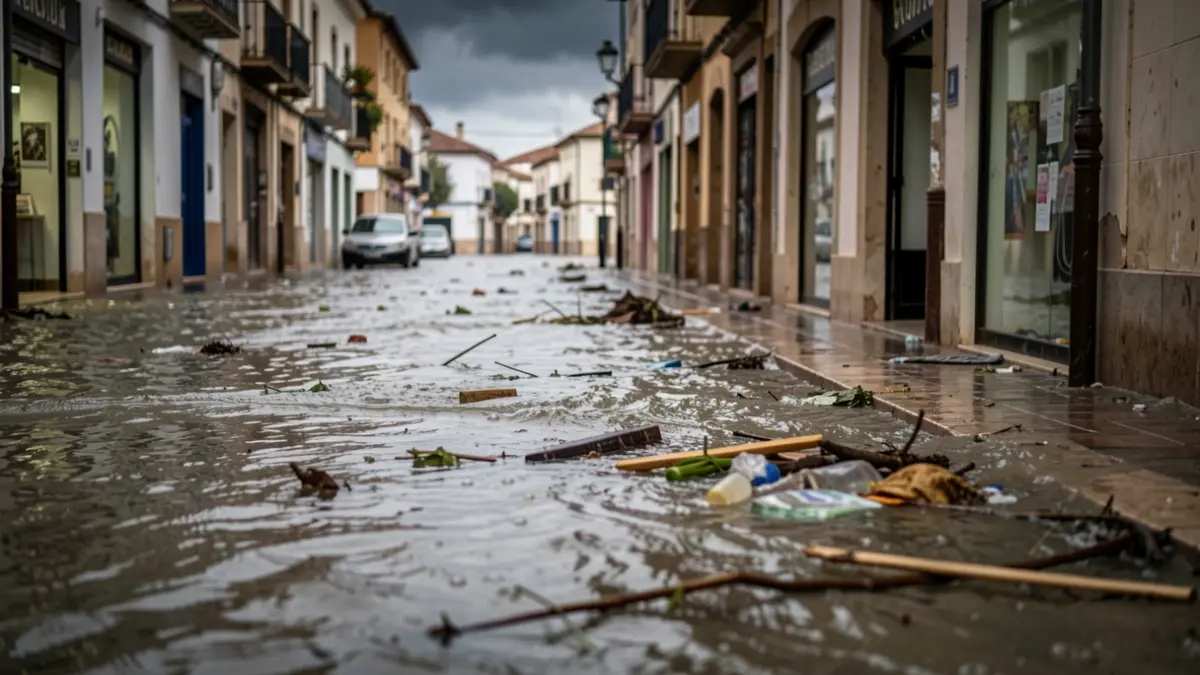 Image of a flooded street in Jaén after a strong storm, with water reaching commercial premises.