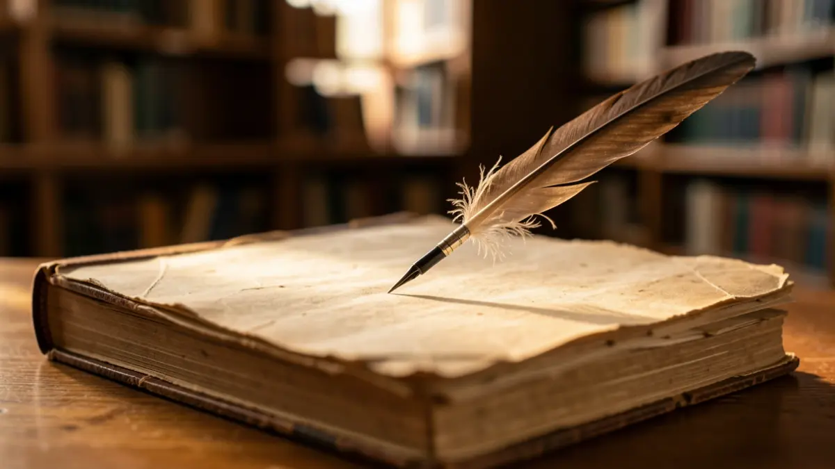 Close-up of an old diary with a quill pen resting on it, bathed in warm, soft light. Blurred background.