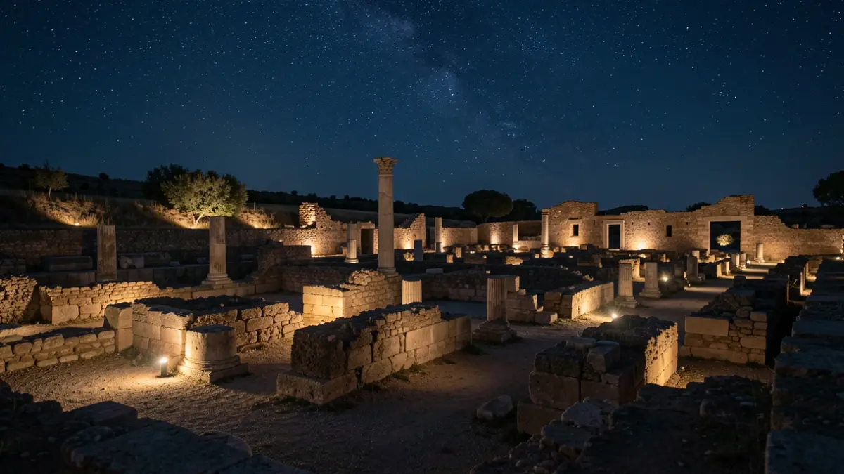 Archaeological site of Fuente Álamo in Puente Genil illuminated at night.