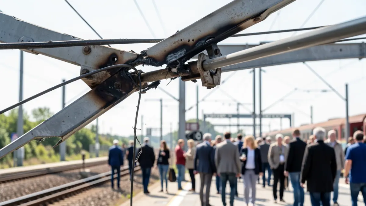 Close-up of a damaged railway catenary with scorch marks and a detached cable hanging precariously.