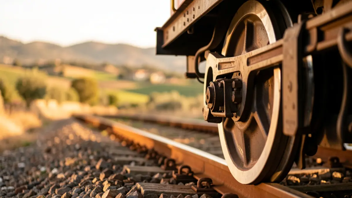 Close-up of a train wheel on tracks, with a rural landscape of Andalusia in the background.