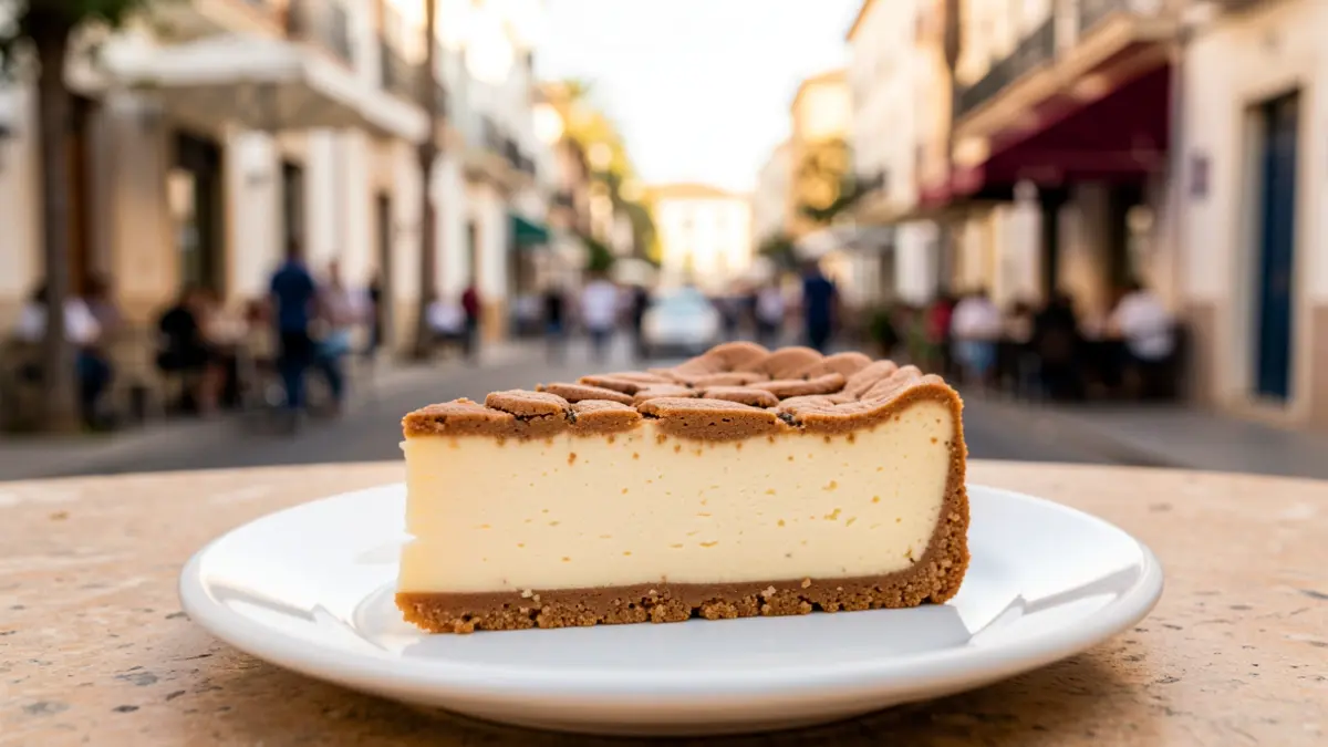 Imagen de una porción de tarta de queso en un plato blanco, con el fondo desenfocado de una calle de Almería.