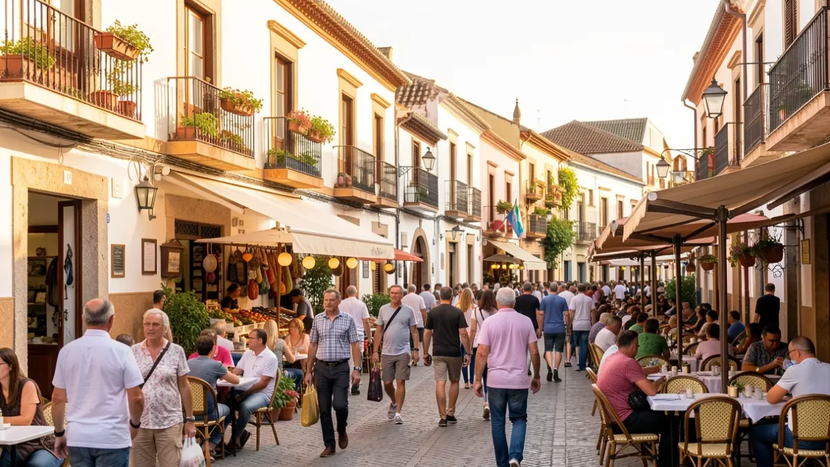 Imagen genérica del exterior de un mercado animado en una ciudad andaluza con arquitectura tradicional.