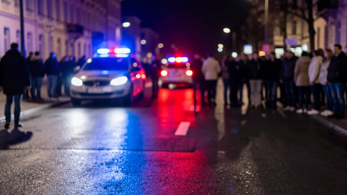 Imagen genérica de luces de emergencia policiales reflejando en asfalto mojado.