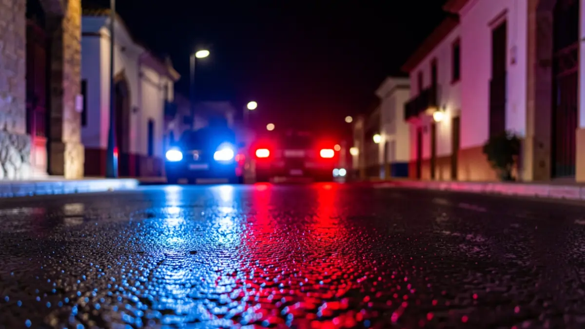 Imagen genérica de luces de emergencia policiales reflejándose en el asfalto mojado.