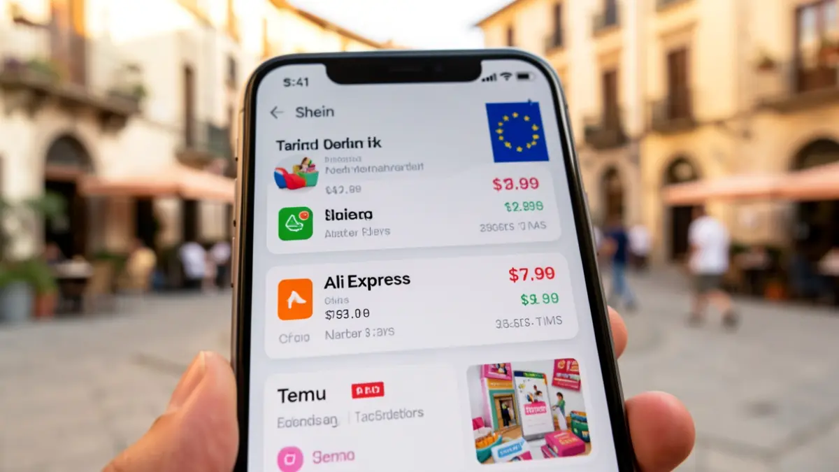 Image of a mobile phone displaying online shopping apps with an EU flag icon indicating a new tariff.