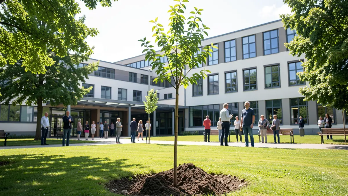 Generic image of a young tree being planted in a park near a hospital.
