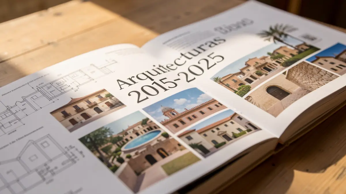 Cover of the book 'Arquitecturas 2015-2025' showing blueprints and photographs of public works in Andalusia.