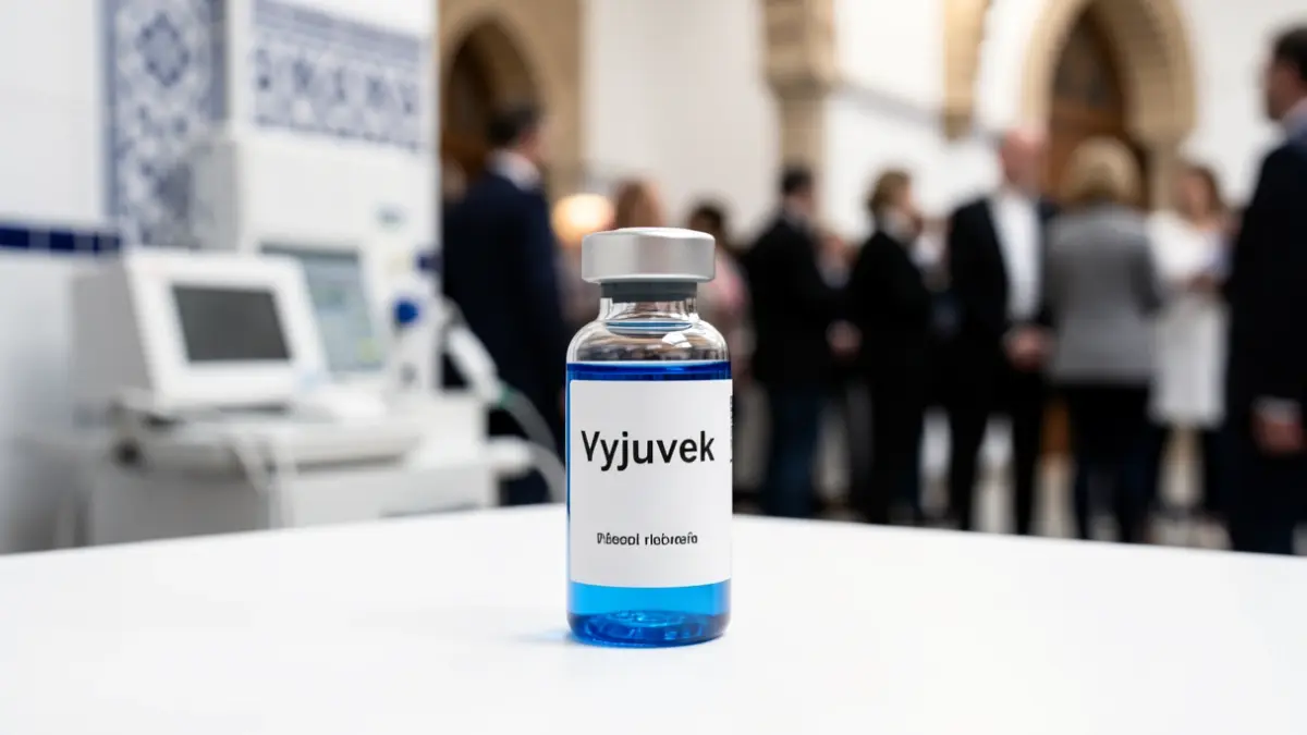 Frasco del fármaco Vyjuvek utilizado para tratar la epidermólisis bullosa, con detalles arquitectónicos andaluces desenfocados al fondo.